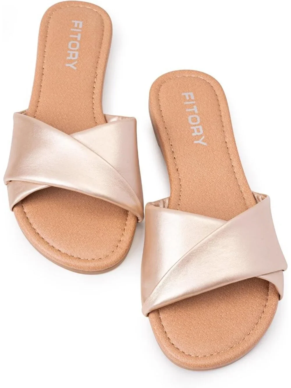 Women's Gold Flat Sandals Fashion Slides With Soft Leather Slippers Casual